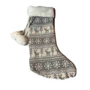 Gray And White Fair Isle Snowflakes Trees Deer Christmas Stocking Yankee Candle